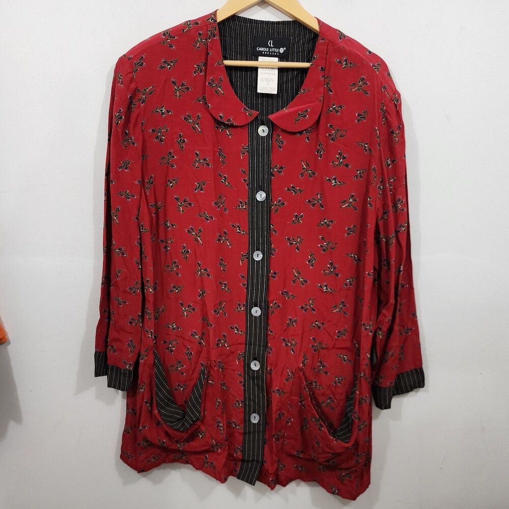 Carole Little Red Floral Rayon Button Front Top Blouse Long Sleeve Pockets 14